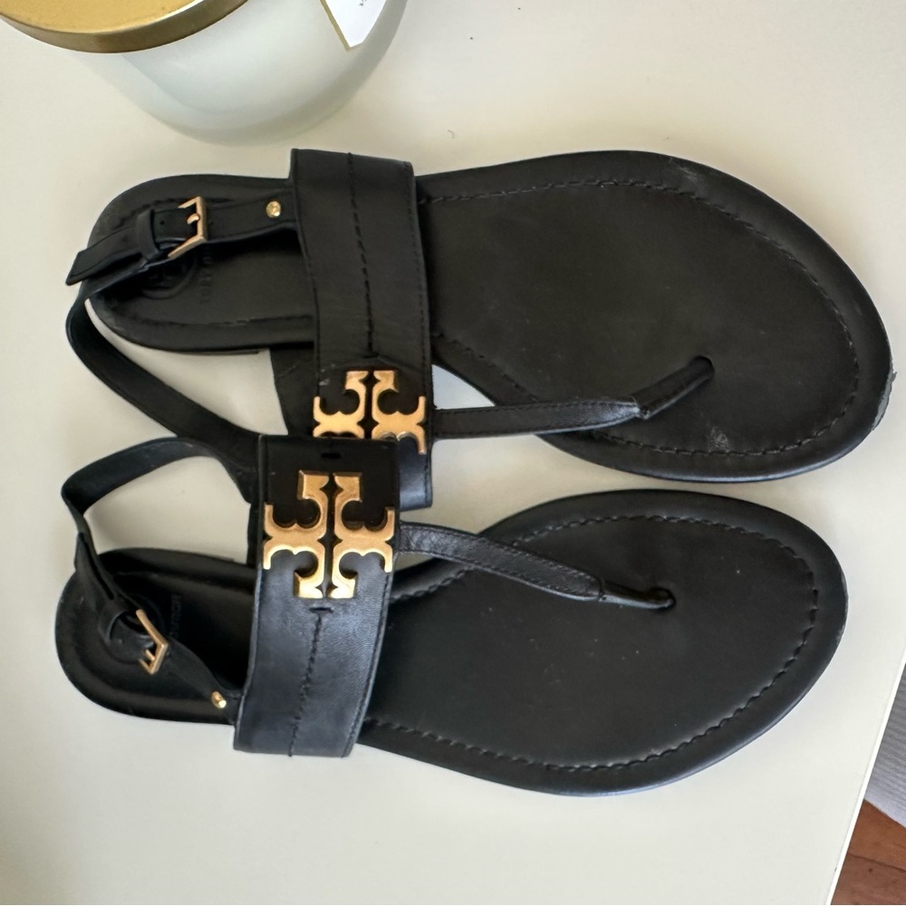 Tory Burch Black Sandals with Gold Accents